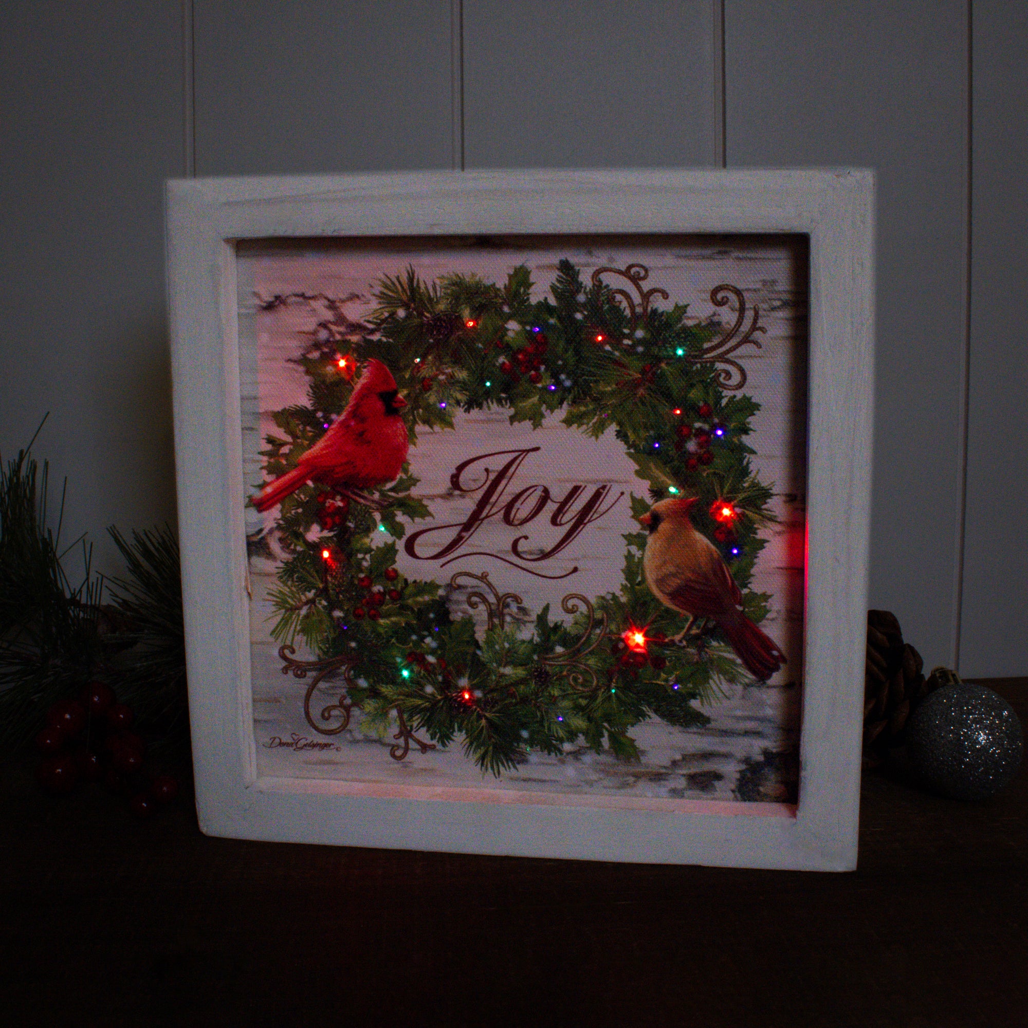 Cardinal Wreath Lighted Shadow Box