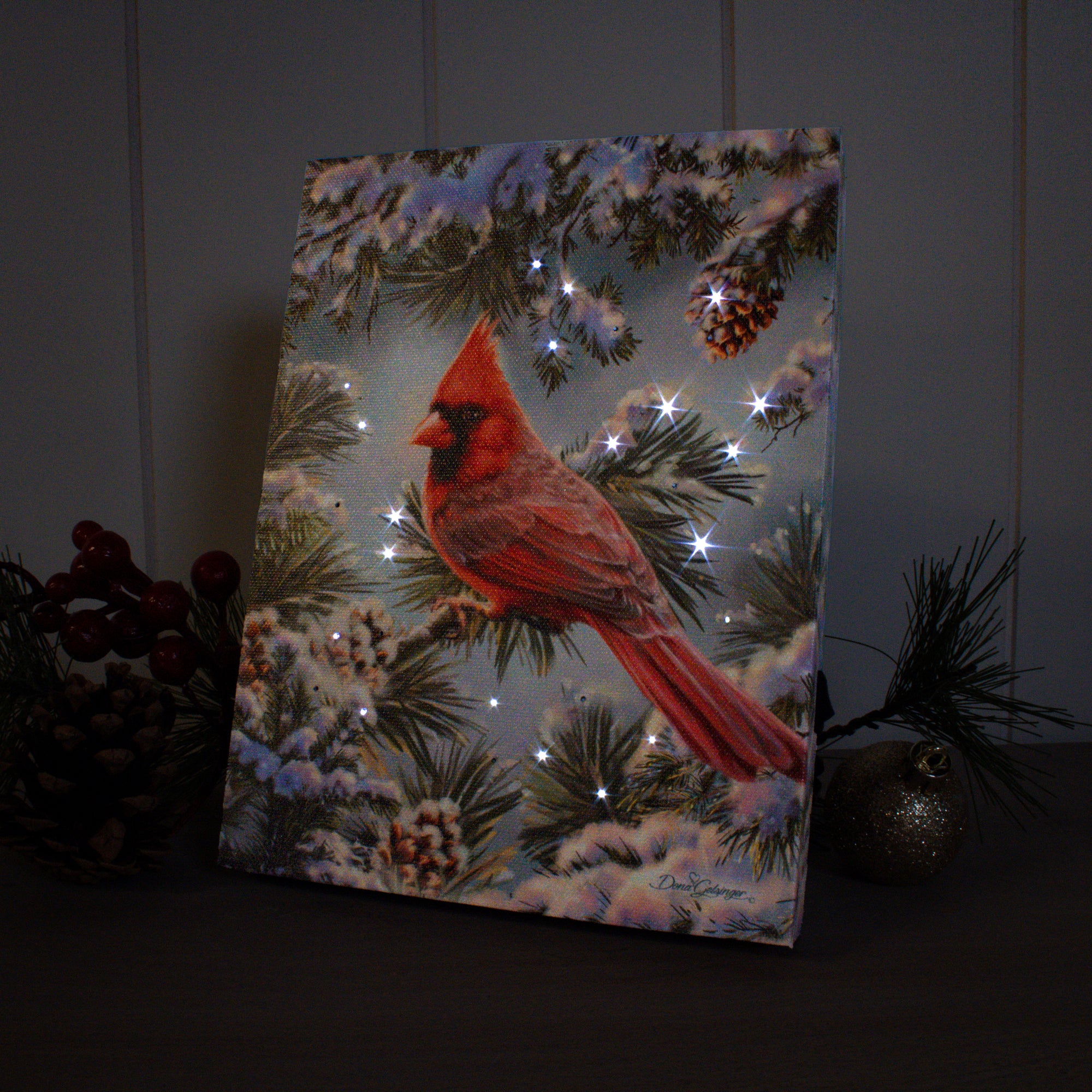 Snowy Pine Cardinal 8x6 Lighted Tabletop Canvas