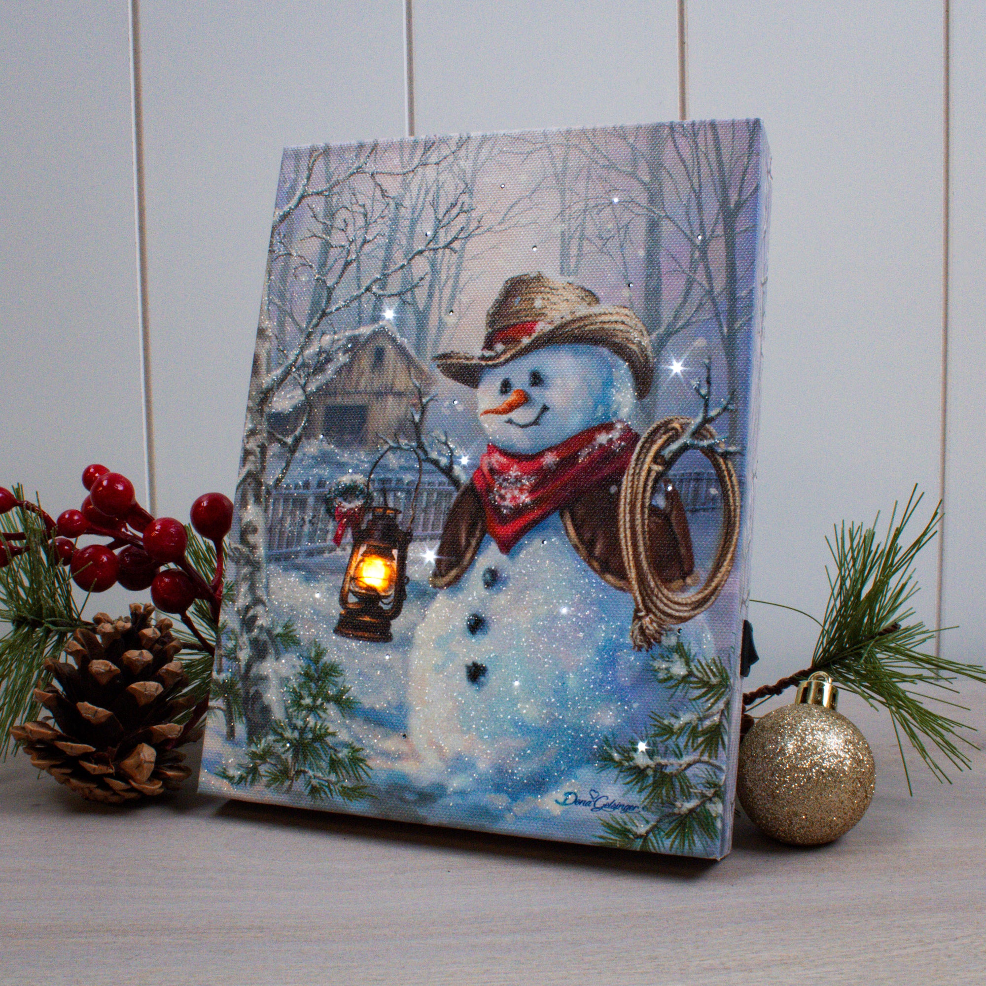 Cowboy Snowman 8x6 Lighted Tabletop Canvas