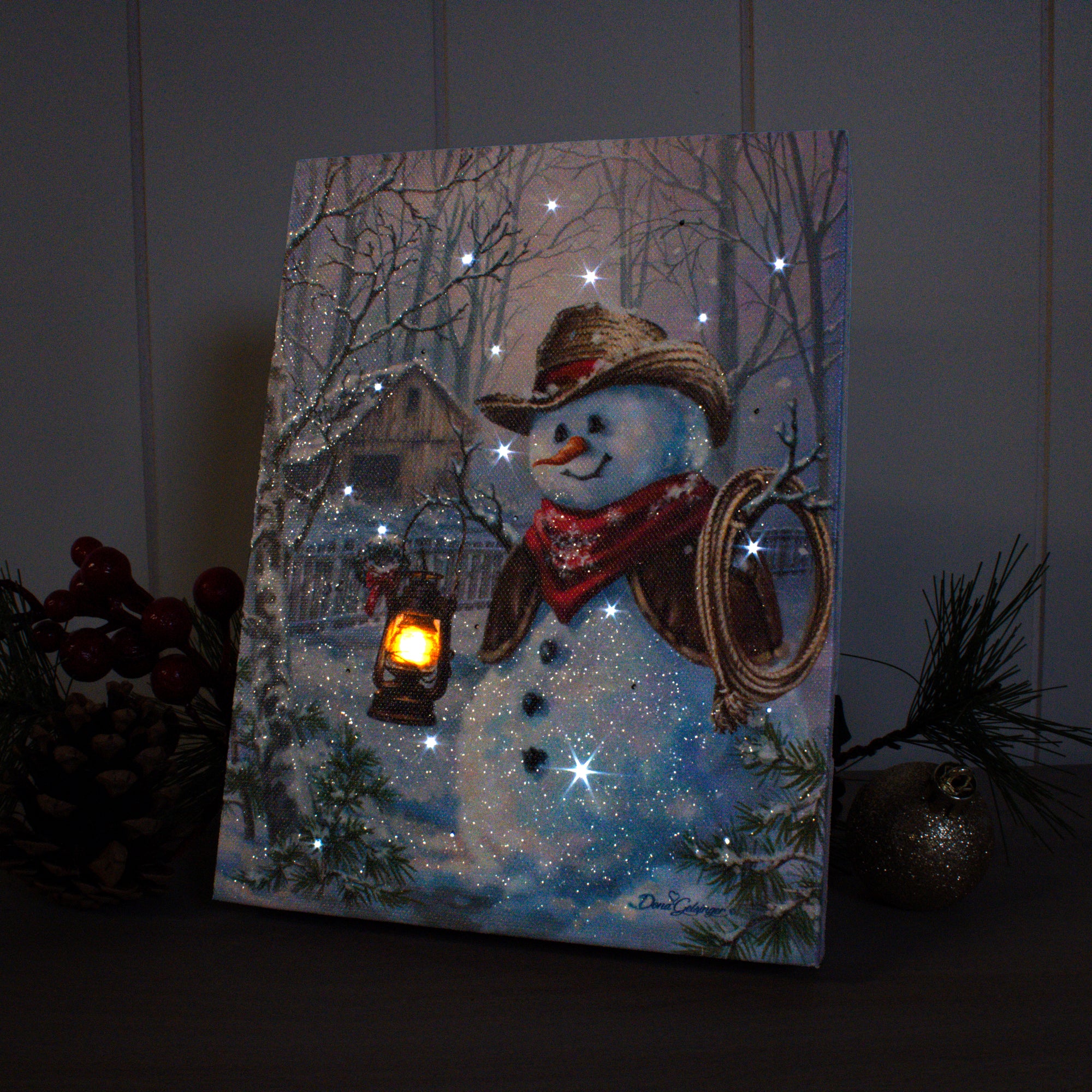 Cowboy Snowman 8x6 Lighted Tabletop Canvas