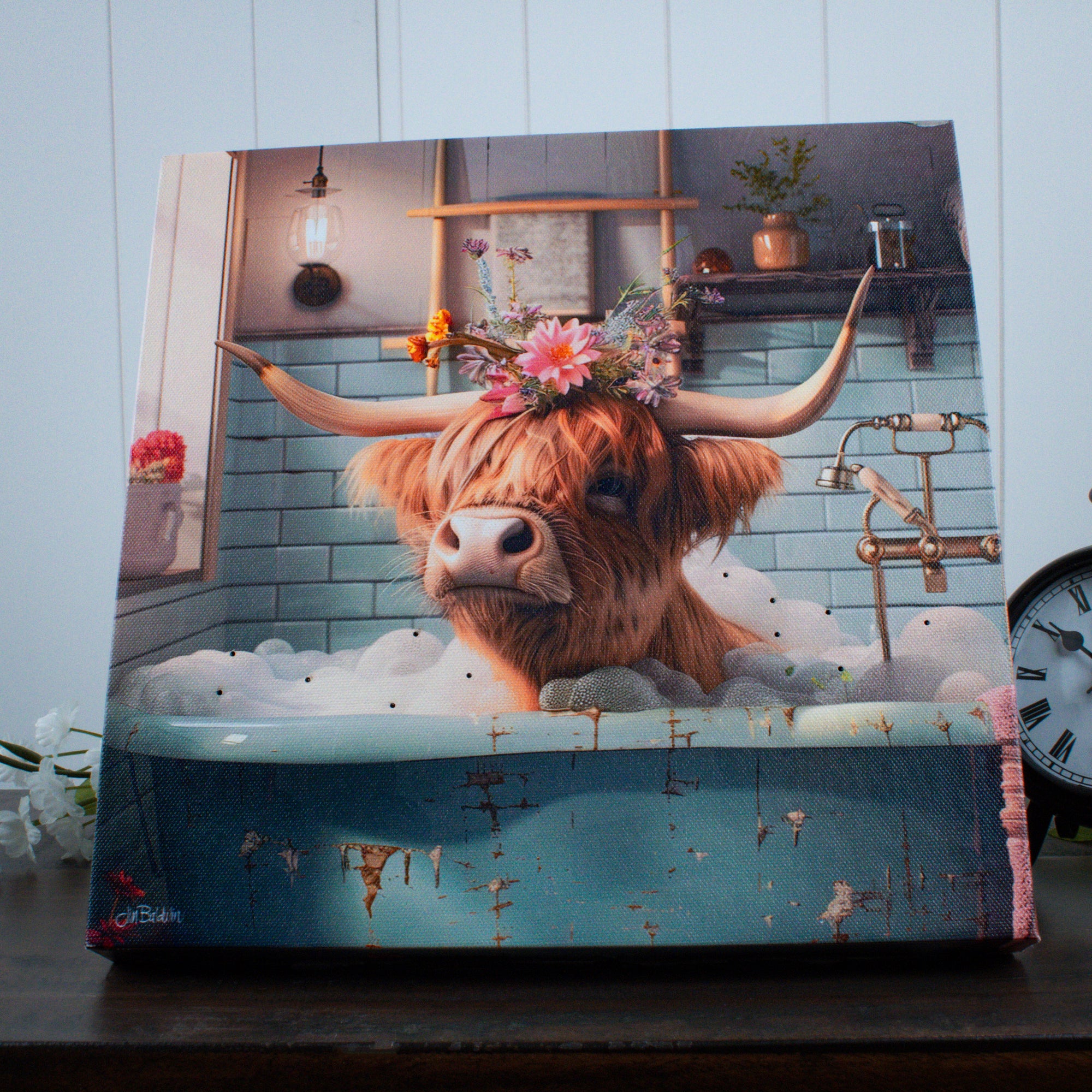 Highland Cow Bath 10x10 Lighted Fiber Optic Canvas