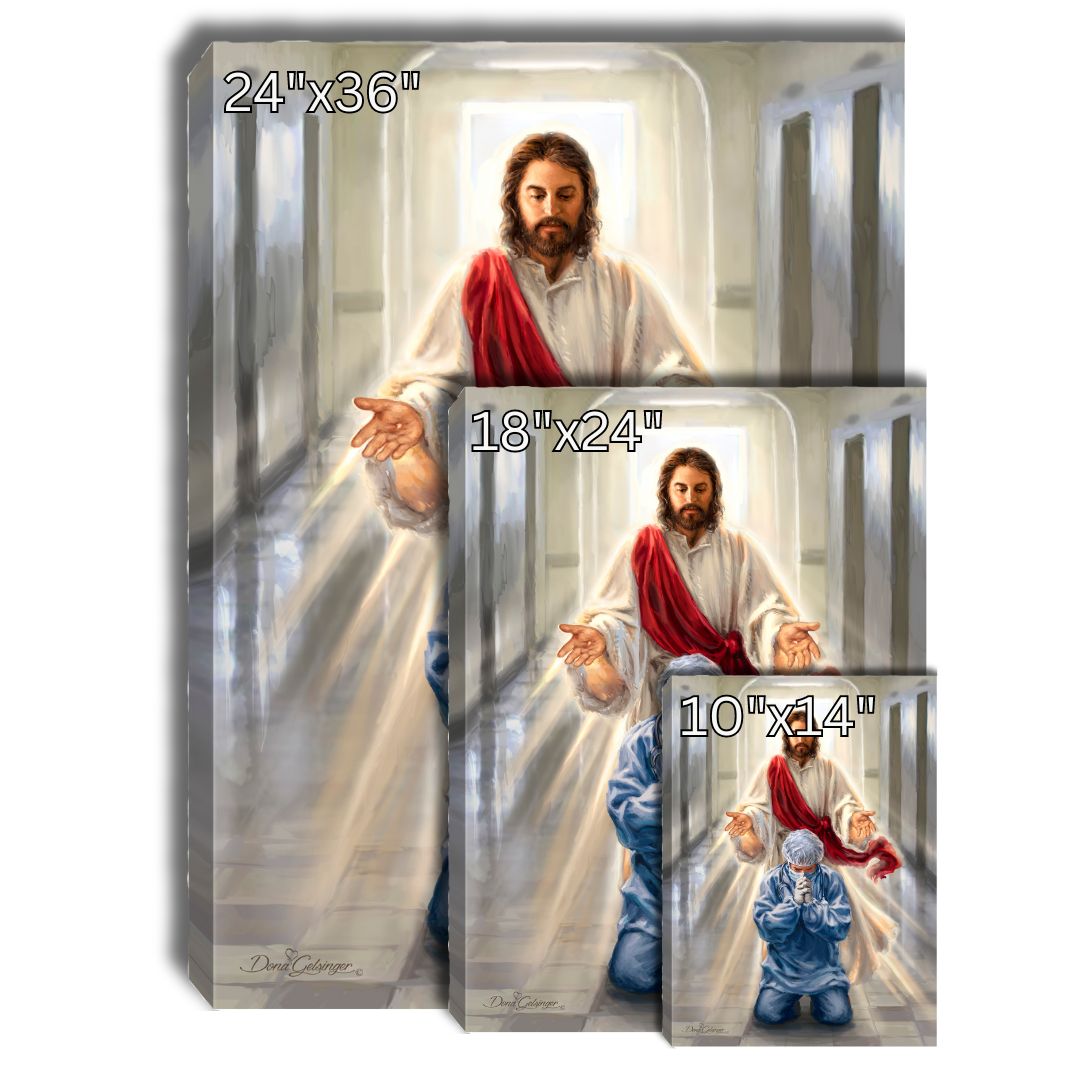 This stunning piece of art captures the essence of hope, faith, and gratitude that we all feel for those who have tirelessly fought on the frontlines of the pandemic.  With Jesus standing in the background, arms wide open, this canvas beautifully depicts the support and comfort that our healthcare workers receive from a higher power. 