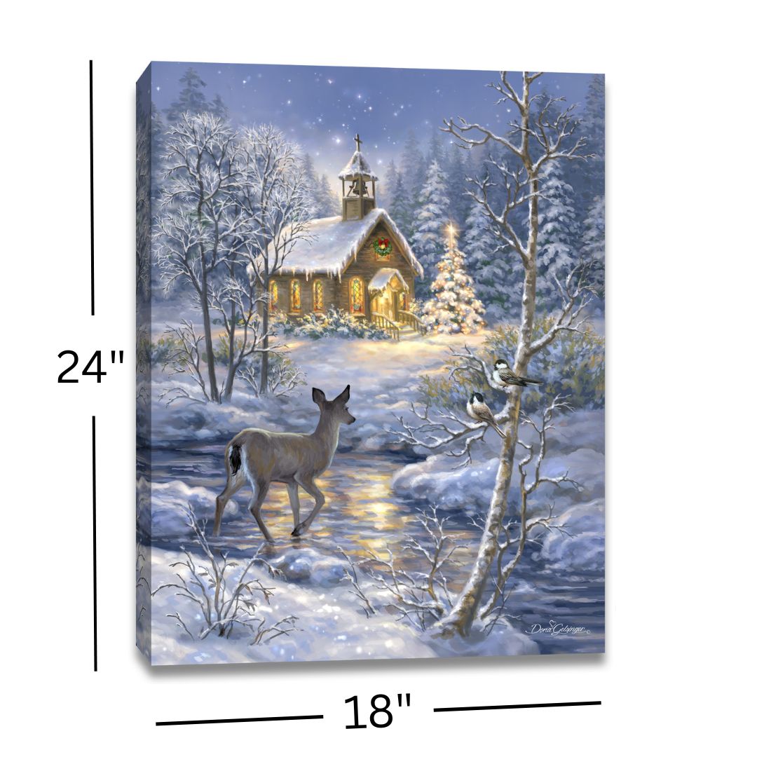 Chapel In the Snow 18x24 Fully Illuminated LED Wall Art