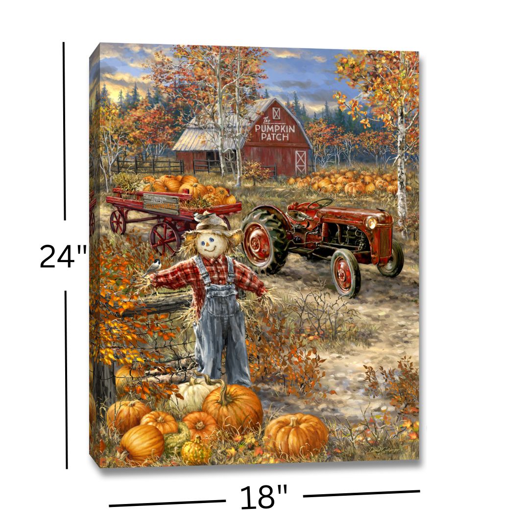 As you gaze upon this picturesque scene, you'll notice a friendly scarecrow standing guard by the fence, watching over the pumpkin patch. Behind him, a tractor with a trailer full of pumpkins sits, ready to transport them to their new homes. And in the distance, a majestic red barn stands tall, a symbol of the hard work and dedication that goes into growing these gorgeous pumpkins.