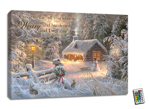  canvas will transport you to a cozy log cabin in the midst of a snow-covered forest.  As you gaze at the art piece, you'll feel as though you're standing outside the cabin, peering in through the windows at the warm glow of lights within. Smoke gently billows from the chimney, adding to the inviting ambiance.